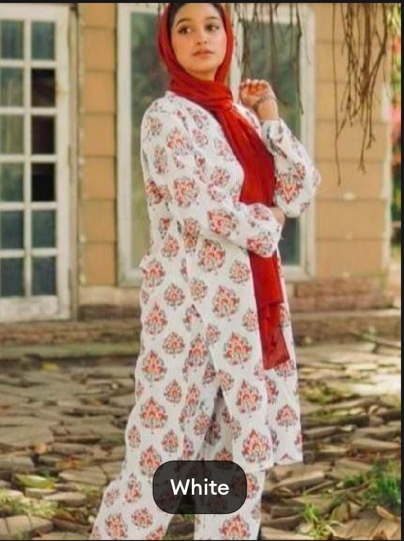 2-Piece stiched leaf printed suit for girls